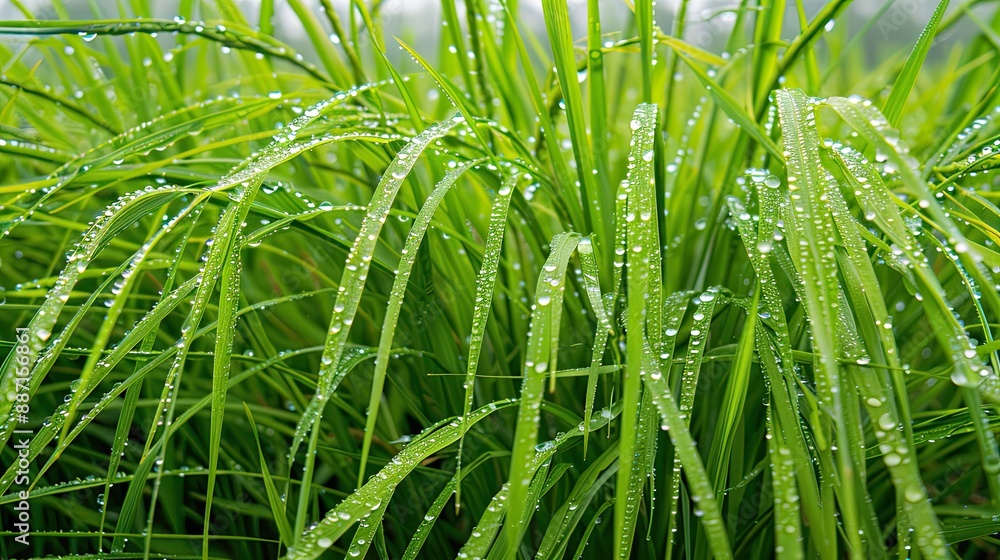 Beautiful and relaxing dew or rain drops on vibrant and lush green paddy plants in the morning Beautiful and relaxing dew or rain drops on vibrant and lush green paddy plants in the morning