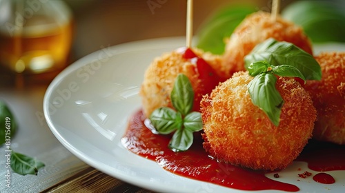 Deep fried Cheese balls Delicious homemade appetizer Freshly baked croquettes served with basil leafs and sauce photo