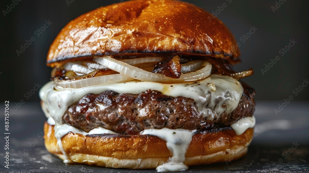 Burger with onions and mayonnaise on a gray metal table Without the top the bun is poured with mayonnaise Burger with onions and mayonnaise on a gray metal table Without the top the bun is poured with mayonnaise