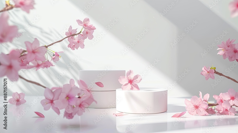 Fresh lush pink sakura flowers petals with two cylinder podiums mockup in soft light white interior on table in floral spring style for presentation cosmetic products goods branding copy space Fresh lush pink sakura flowers petals with two cylinder podiums mockup in soft light white interior on table in floral spring style for presentation cosmetic products goods branding copy space