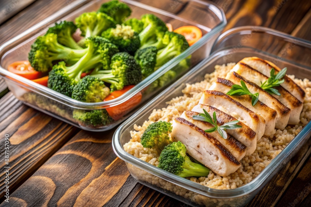 Freshly prepared healthy meal in containers with sliced grilled chicken, brown rice, and steamed broccoli, perfect for a nutritious lunch or dinner on-the-go. Freshly prepared healthy meal in containers with sliced grilled chicken, brown rice, and steamed broccoli, perfect for a nutritious lunch or dinner on-the-go.