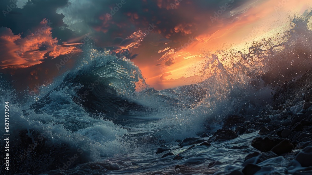Fototapeta premium Powerful wave breaking on rocks tsunami