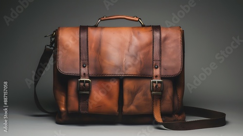 Aleather messenger bag, slung over a shoulder, with visible grain patterns. photo