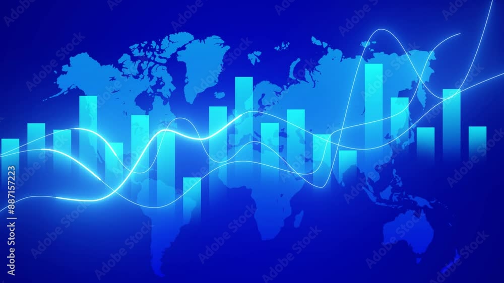 Glowing blue world map with bar and line charts, perfect for financial ...