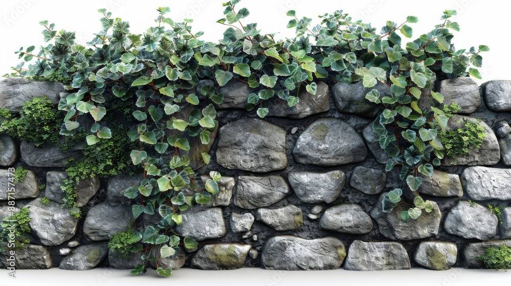 Stone Wall with Ivy on White Background Stone Wall with Ivy on White Background