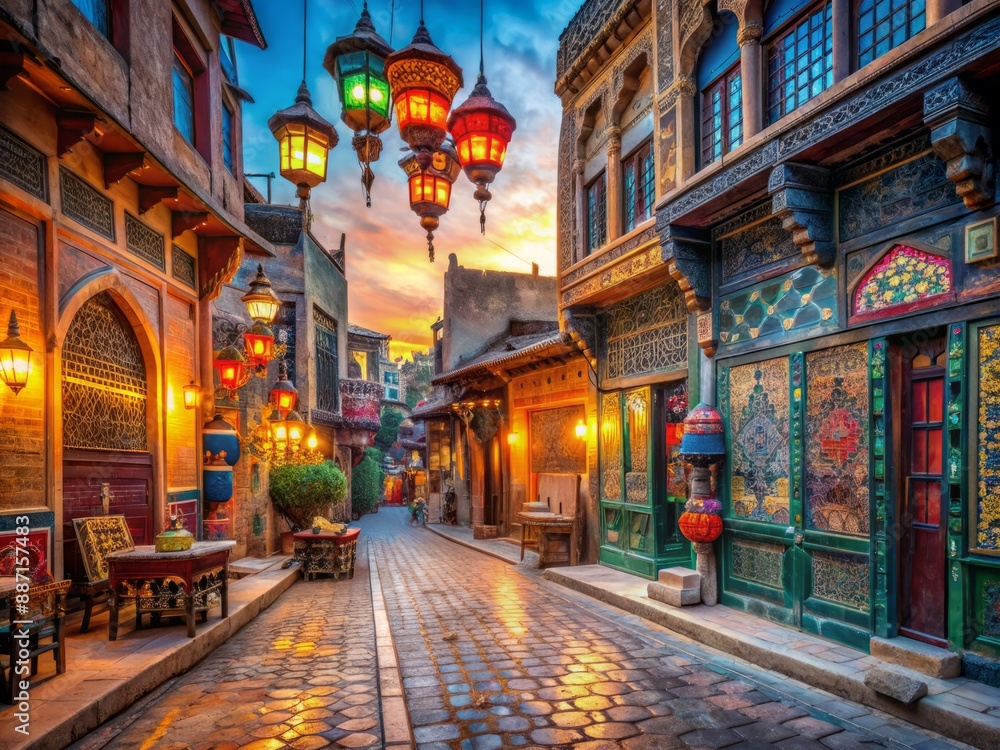 Fototapeta premium Vibrant city street scene at dawn, with ancient architecture, colorful lanterns, and ornate tiles, exuding wanderlust, cultural exploration, and adventure in every frame.