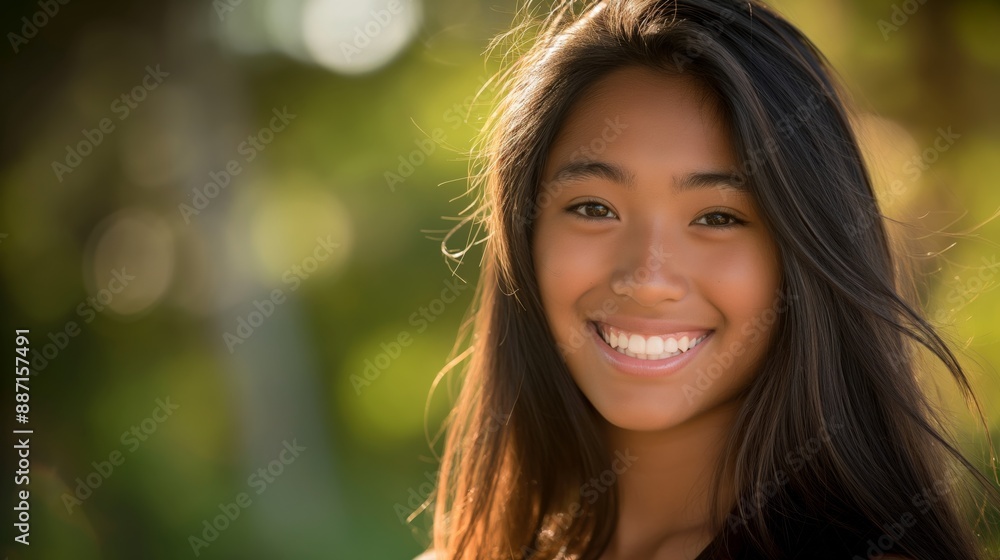 Pacific Islander Teenage Girl Smiling Outdoors Summer Nature Background Joyful Expression Diversity Concept Portrait Pacific Islander Teenage Girl Smiling Outdoors Summer Nature Background Joyful Expression Diversity Concept Portrait