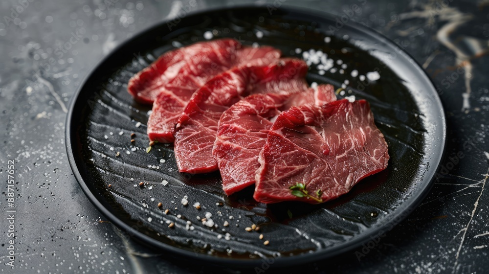 Thinly sliced beef on a black plate Thinly sliced beef on a black plate