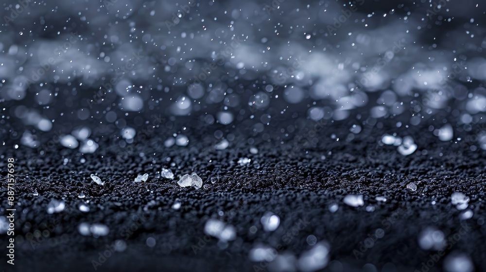 CLOSE UP DOF Remains of white hailstones on a black rug after a severe summer storm when the precipitation was blown all over the outdoor terrace Intense stormy weather situations in summertime CLOSE UP DOF Remains of white hailstones on a black rug after a severe summer storm when the precipitation was blown all over the outdoor terrace Intense stormy weather situations in summertime