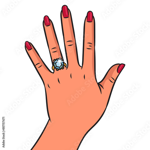 engagement wedding ring with diamond on girl hand pinup pop art retro PNG illustration. Comic book style imitation.