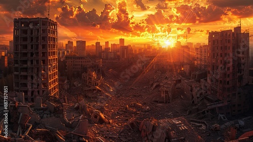 The world after nuclear war Destroyed by the war remains of buildings at sunset