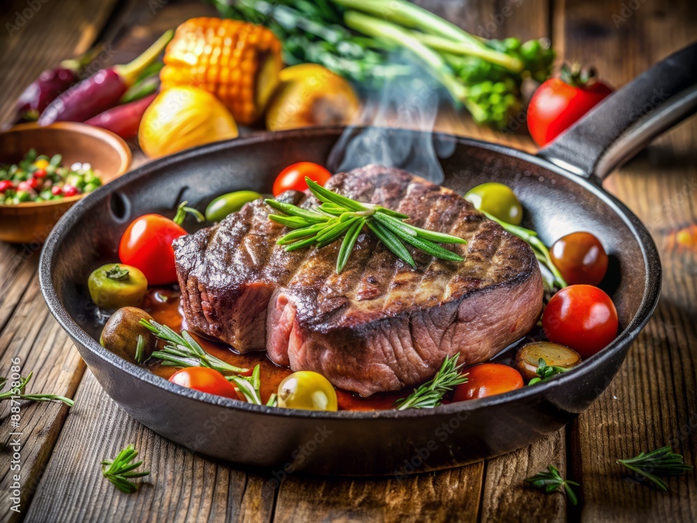 Sizzling beef steak seared to perfection on a hot skillet, garnished with fresh vegetables, awaits plating in a bustling restaurant kitchen. Sizzling beef steak seared to perfection on a hot skillet, garnished with fresh vegetables, awaits plating in a bustling restaurant kitchen.