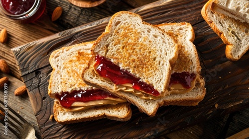 Homemade Peanut Butter and Jelly Sandwich on a rustic wooden board top view photo