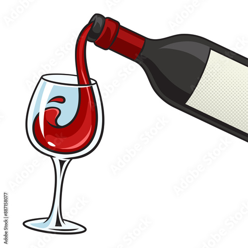 wine red is poured into glass from bottle pinup pop art retro PNG illustration. Comic book style imitation.