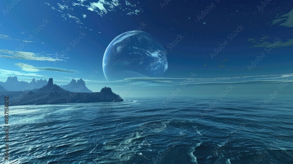 Fototapeta premium Blue hypothetical ocean planet ocean planet ocean world water world aquaplanet or panthalassic planet