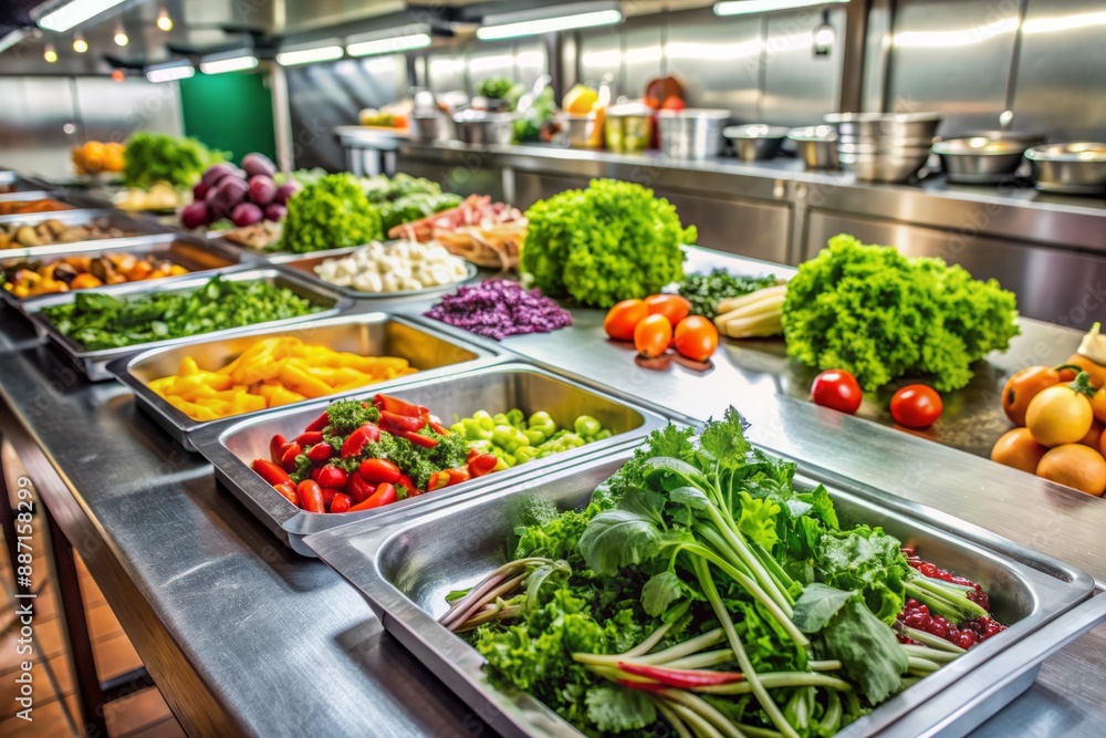 Fresh vegetables and herbs are meticulously arranged on a stainless steel counter as a partially prepared salad comes together in a bustling restaurant kitchen. Fresh vegetables and herbs are meticulously arranged on a stainless steel counter as a partially prepared salad comes together in a bustling restaurant kitchen.