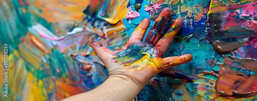 Close-up of a child's hand with colorful paint splashes, creating an artistic masterpiece on a vibrant canvas.