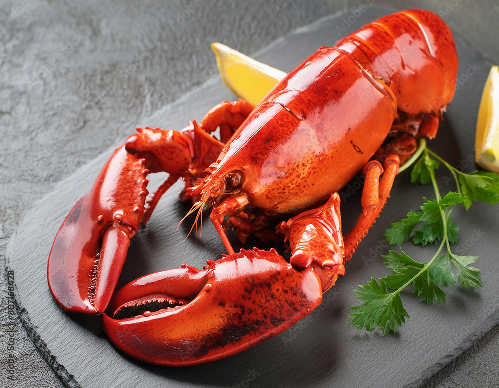 red boiled lobster. Close-up on slate surface. red boiled lobster. Close-up on slate surface.