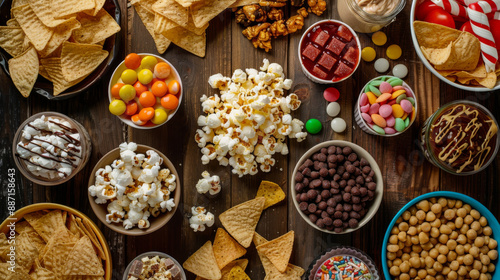 variety of snacks including popcorn, candy, chips, and more, displayed on a wooden table. Perfect for a movie night or gathering. Food, snacks, party.