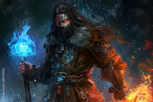 Majestic wizard in fantasy setting wielding magic staff with glowing eyes, surrounded by fire and ice elements, exuding power and mysticism. photo