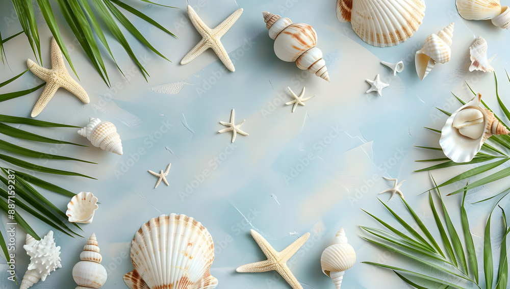 Summer beach composition with seashells, starfish, and palm leaves on a light blue background, creating a tropical and relaxing vibe.