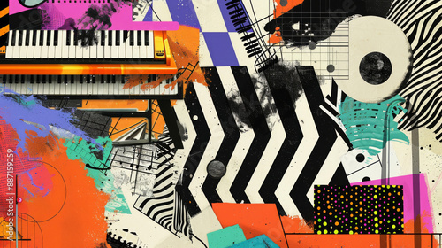 vibrant abstract artwork with bold geometric shapes, stripes, and splashes of color. dynamic composition, musical notes and various textures, creating a lively and energetic visual experience