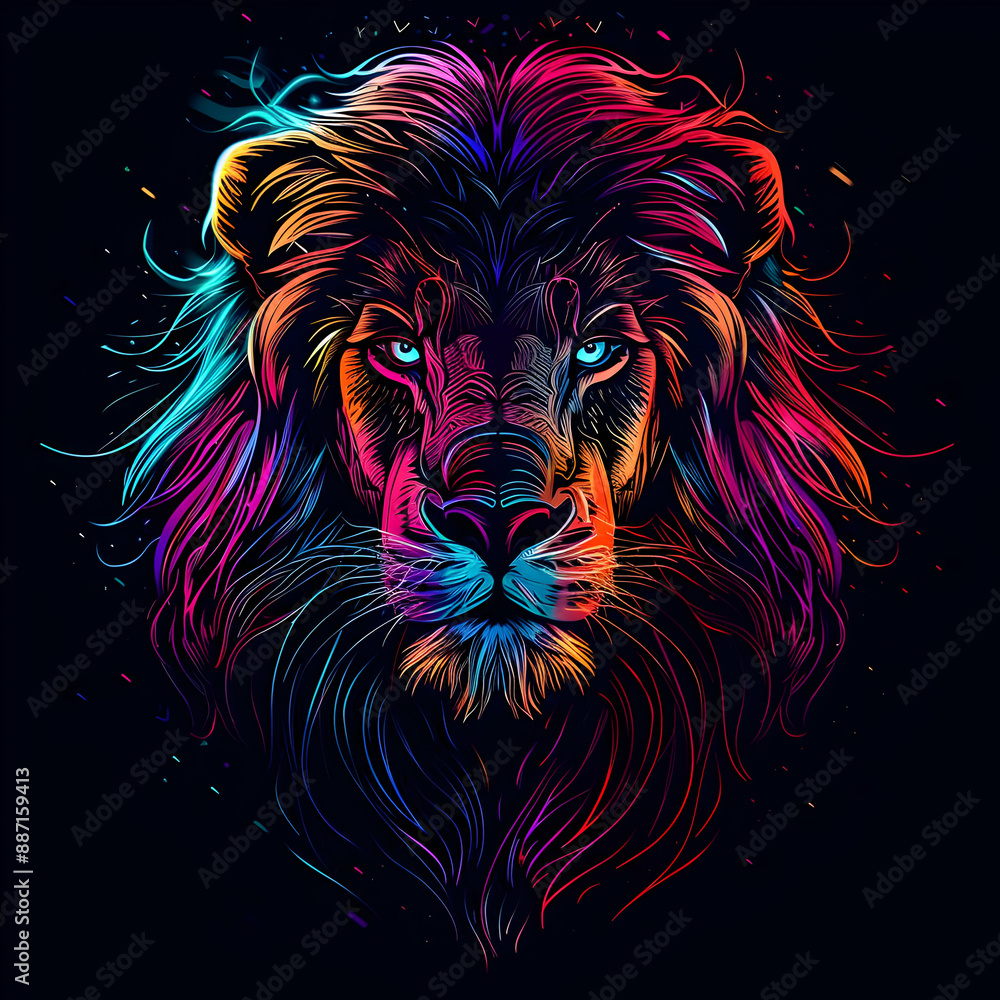 Fototapeta premium Vibrant, colorful digital artwork of a majestic lion's face against a dark background, showcasing striking, bright hues and intricate details.