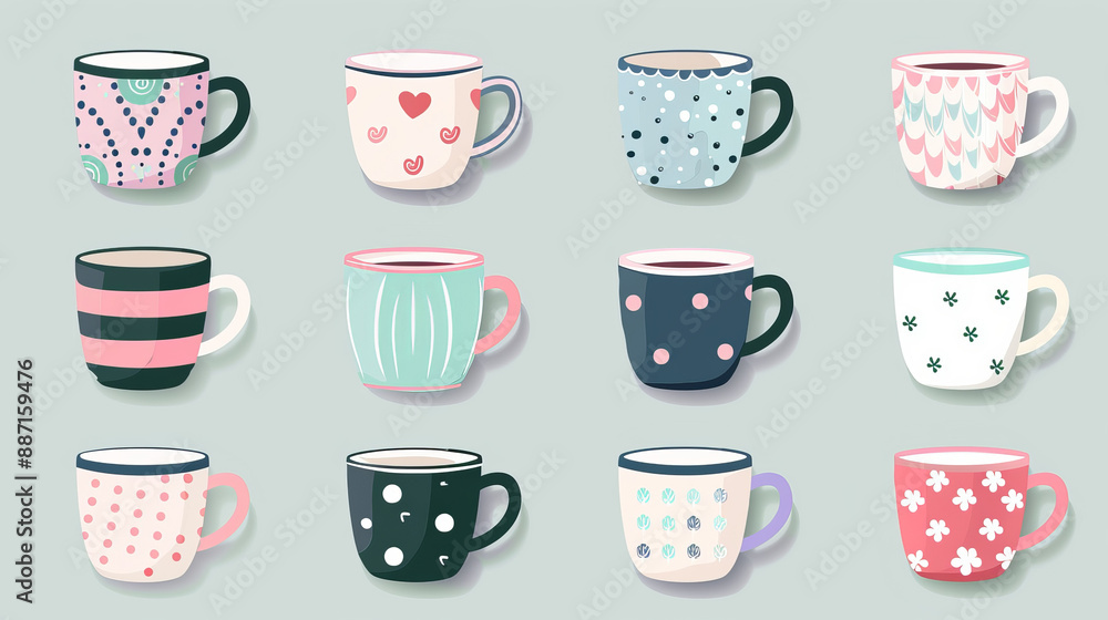set of eight colorful, patterned mugs are arranged against a soft background. Each mug has a unique design, showcasing a variety of colors and patterns set of eight colorful, patterned mugs are arranged against a soft background. Each mug has a unique design, showcasing a variety of colors and patterns