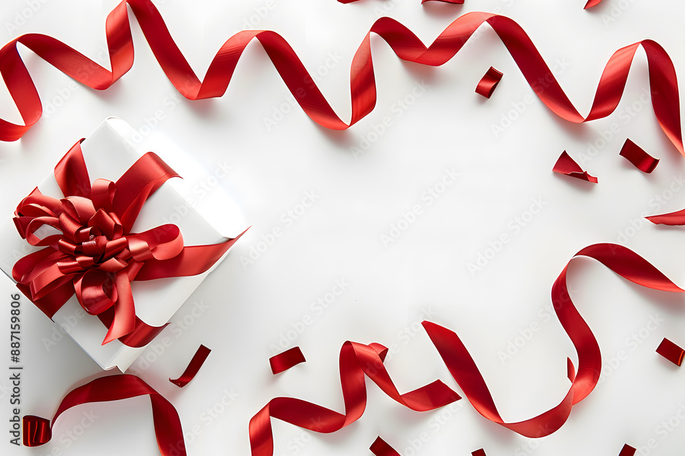 Elegant white gift box with red ribbon Elegant white gift box with red ribbon