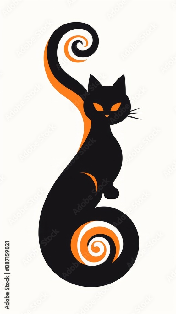 A black cat with swirling orange tail sits against a white background, halloween mood A black cat with swirling orange tail sits against a white background, halloween mood