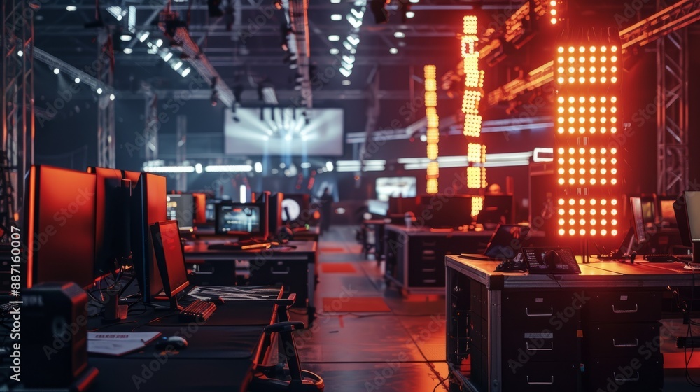 A row of empty gaming stations with red lights and a large screen in the background, ready for the next esports competition A row of empty gaming stations with red lights and a large screen in the background, ready for the next esports competition