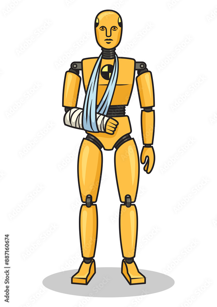 Crash test dummy with broken hand pop art retro PNG illustration. Comic book style imitation. Crash test dummy with broken hand pop art retro PNG illustration. Comic book style imitation.
