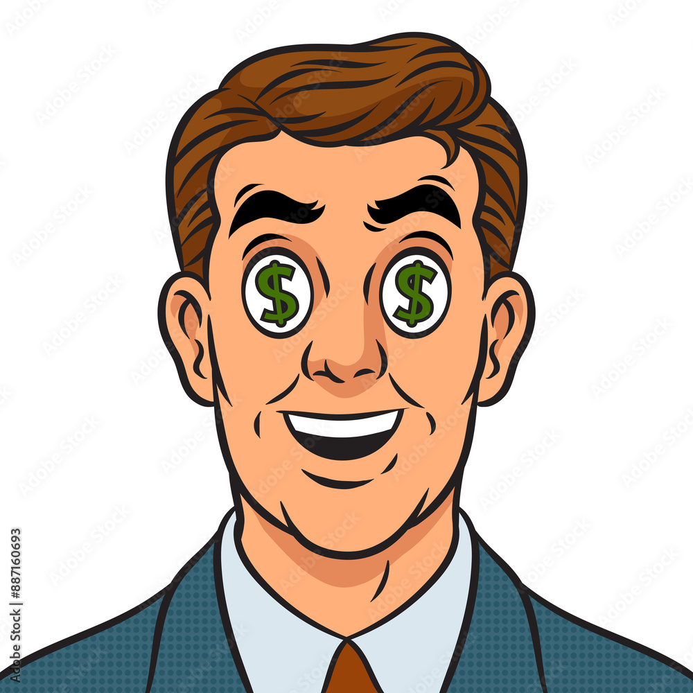 Businessman with dollar sign in eyes pop art retro PNG illustration. Comic book style imitation. Businessman with dollar sign in eyes pop art retro PNG illustration. Comic book style imitation.