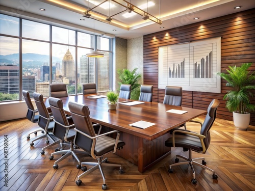 A modern conference room with a large wooden table, leather chairs, and a whiteboard filled with financial charts, graphs, and notes on a new business venture.