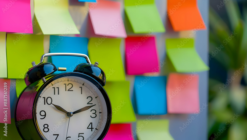 Time Notes Clock Alarm clock against a colorful wall of sticky notes, representing ...