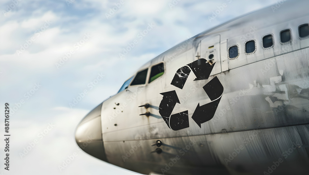 Aircraft nose with a prominent recycling symbol, highlighting eco-friendly aviation practices and sustainable travel in modern air travel. Aircraft nose with a prominent recycling symbol, highlighting eco-friendly aviation practices and sustainable travel in modern air travel.