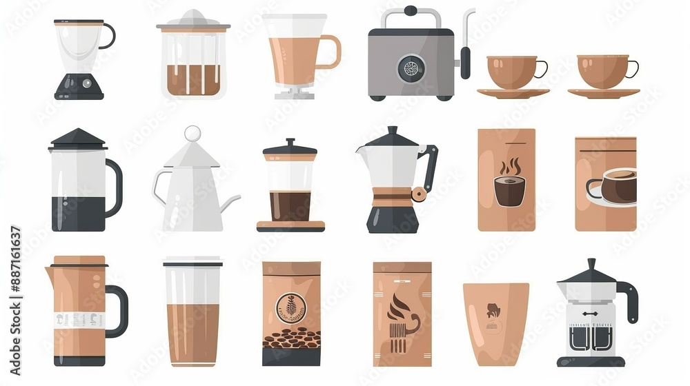 A variety of coffee brewing setups and related accessories, including pots, grinders, mugs, and coffee bags, illustrated in a flat design style to represent coffee culture and art. A variety of coffee brewing setups and related accessories, including pots, grinders, mugs, and coffee bags, illustrated in a flat design style to represent coffee culture and art.