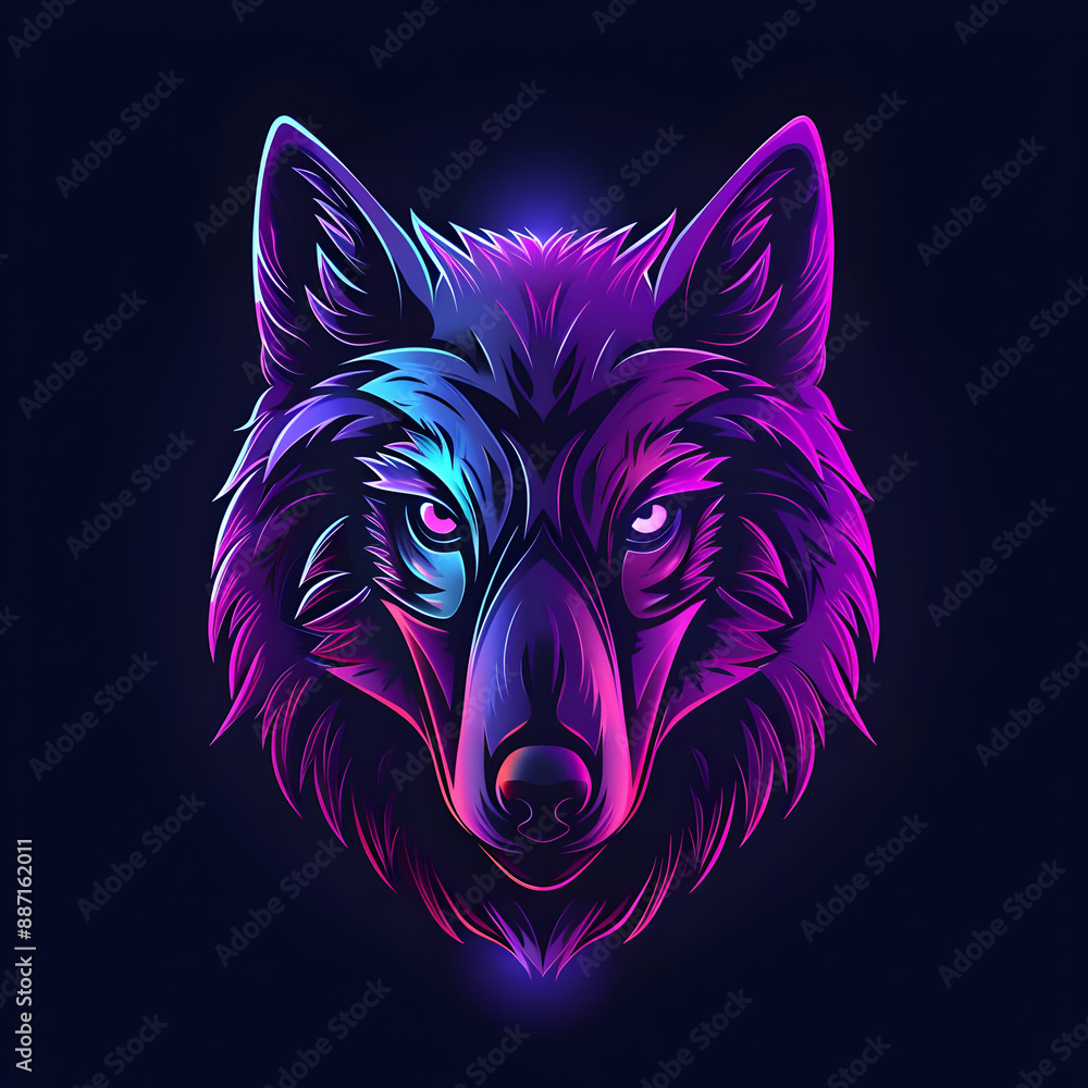 Fototapeta premium Colorful digital illustration of a wolf face with neon purple and blue hues, set against a dark background.