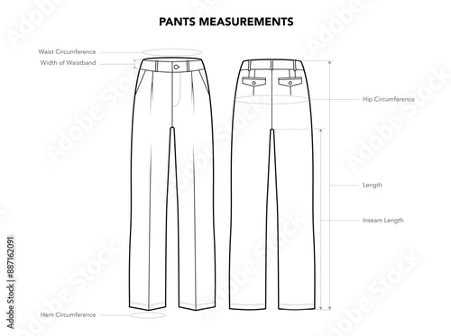 Set of Pants details Measurement - Circumference, Length, Width, Size Waist and Hip styles technical fashion illustration. Flat apparel template front, back view. Women, men unisex CAD mockup isolated