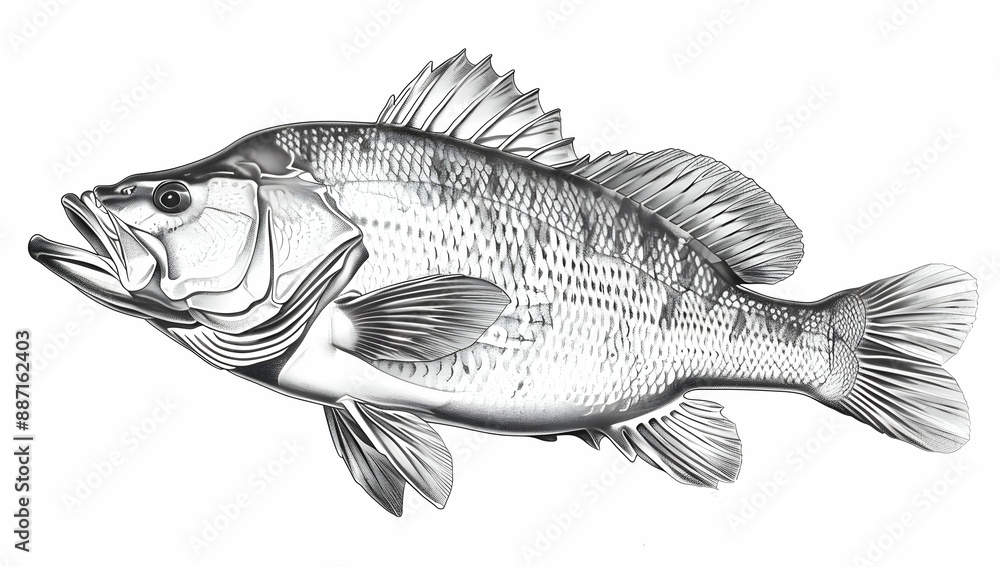 Detailed black and white illustration of a fish with a focus on scales and fins. Suitable for educational and artistic purposes. Detailed black and white illustration of a fish with a focus on scales and fins. Suitable for educational and artistic purposes.