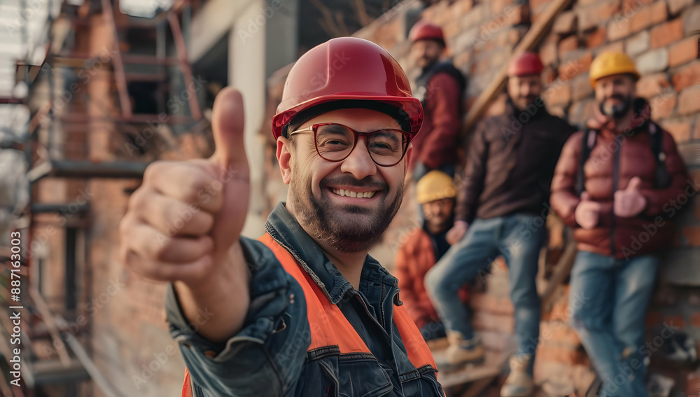 Happy construction worker giving a thumbs-up with team members in the background, symbolizing teamwork and job satisfaction on a building site. Happy construction worker giving a thumbs-up with team members in the background, symbolizing teamwork and job satisfaction on a building site.