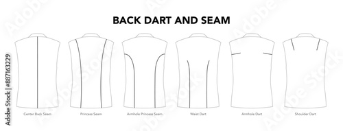 Set of Jacket Back Darts and Seam details - Armhole, Shoulder Waist, Princess Center styles technical fashion illustration. Flat Blazer Coat apparel template. Women, men unisex CAD mockup isolated