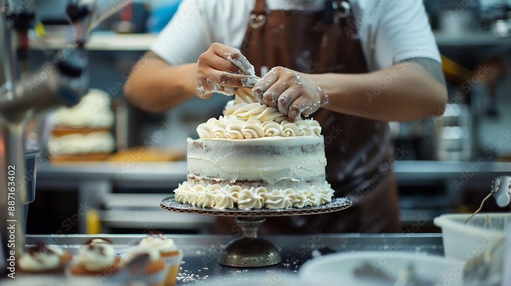 Baker Decorating Cake in Bakery Baker Decorating Cake in Bakery