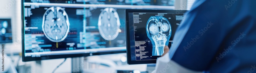 Medical professional analyzing brain scans on multiple monitors in a ...