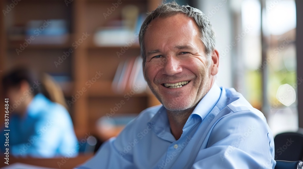 Fototapeta premium A middle-aged man in a blue shirt smiles confidently while sitting at a desk in a warm and welcoming office environment, with bookshelves in the background.
