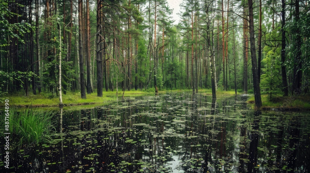 Background photo of a pine forest bay with a swamp and splashes for wallpaper Background photo of a pine forest bay with a swamp and splashes for wallpaper