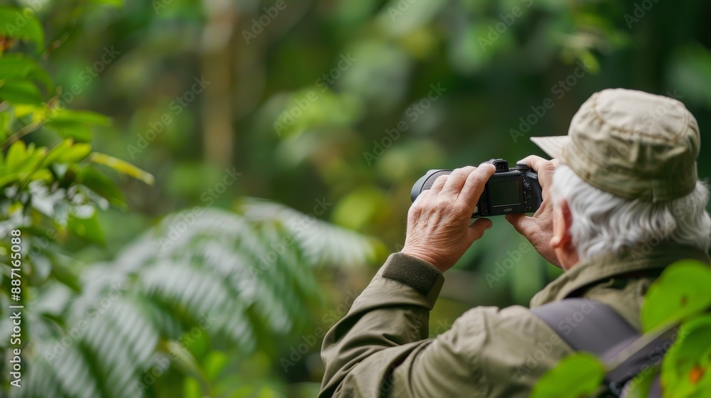 Fototapeta premium Elderly couple on a wildlife expedition, capturing photos of exotic animals in their natural habitat, sharing the excitement of their discovery