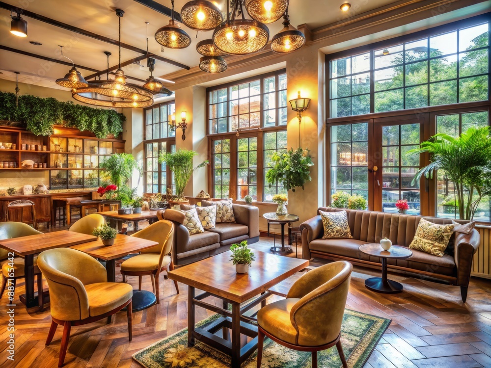 A warm and inviting cafe ambiance featuring elegant furniture, vintage decorations, and large windows, perfect for a gathering of close friends or business associates. A warm and inviting cafe ambiance featuring elegant furniture, vintage decorations, and large windows, perfect for a gathering of close friends or business associates.