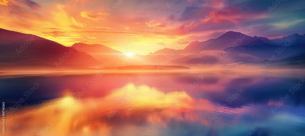 Fototapeta premium A breathtaking sunset over a serene lake, with mountains covered in mist. The sky is painted with vibrant shades of orange, pink, and purple, 