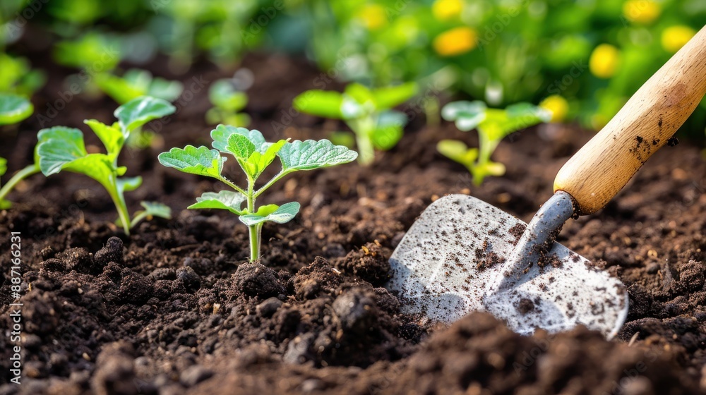 A close-up view of a gardening trowel partially buried in dark, rich soil, surrounded by vibrant green seedlings in a sunny garden. A close-up view of a gardening trowel partially buried in dark, rich soil, surrounded by vibrant green seedlings in a sunny garden.